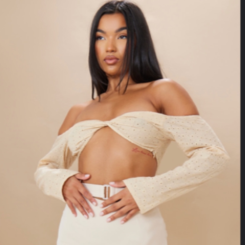 NEW Stone Broderie Twist Front Long Sleeve Crop Top